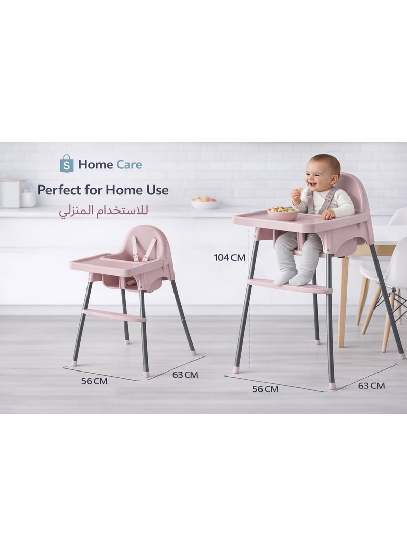 هوم كير كرسي طعام أطفال وردي من Home Care قابل للتعديل مع حزام أمان وصينية، كرسي تغذية متين للاستخدام المنزلي - Image 4