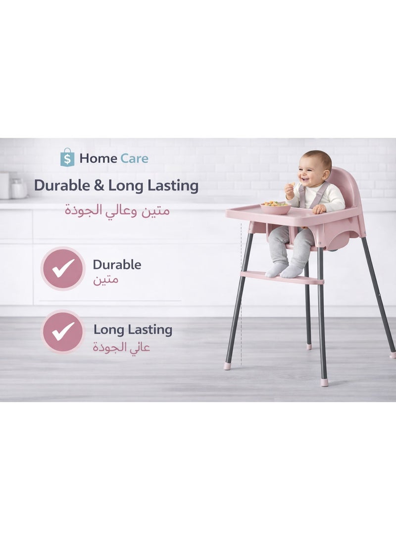هوم كير كرسي طعام أطفال وردي من Home Care قابل للتعديل مع حزام أمان وصينية، كرسي تغذية متين للاستخدام المنزلي - Image 3