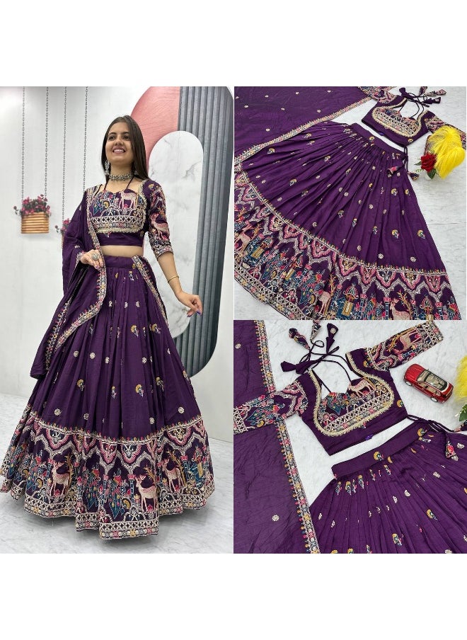 Super Asian Pure Vichitra Embroidery Lehenga Choli with Latkan Dori & Dupatta – 3.5m Flair, Ready to Wear  - Image 1