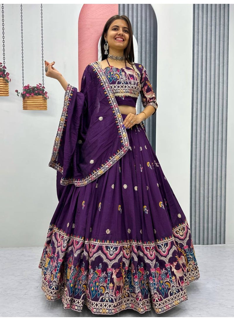Super Asian Pure Vichitra Embroidery Lehenga Choli with Latkan Dori & Dupatta – 3.5m Flair, Ready to Wear  - Image 4