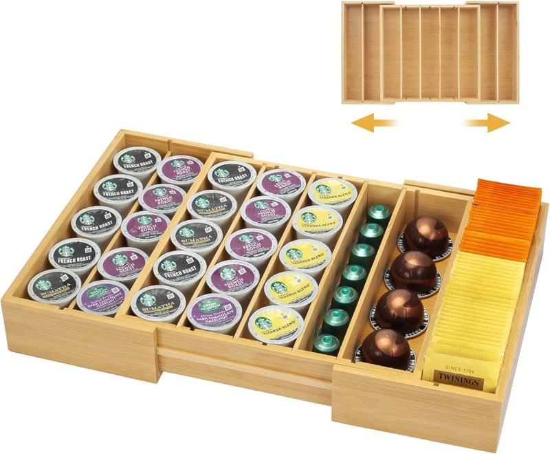 MinBoo Bamboo K Cup Holder for Drawer or Countertop Coffee Pod Holder Expandable K Cup Pod Storage Tea bag organizer K Cup Storage for Coffee Station Home Office and Kitchen - Image 1