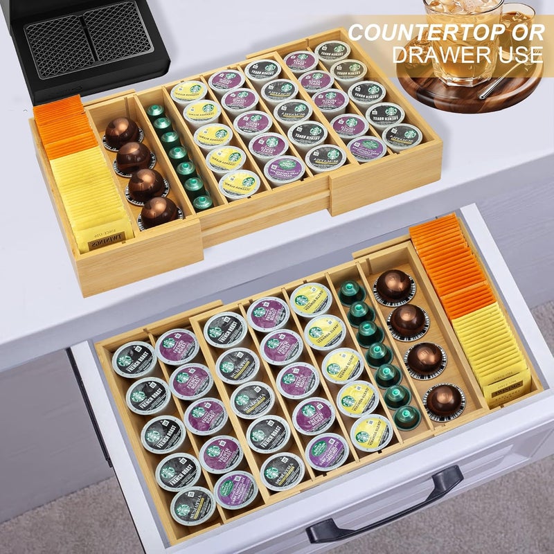 MinBoo Bamboo K Cup Holder for Drawer or Countertop Coffee Pod Holder Expandable K Cup Pod Storage Tea bag organizer K Cup Storage for Coffee Station Home Office and Kitchen - Image 2