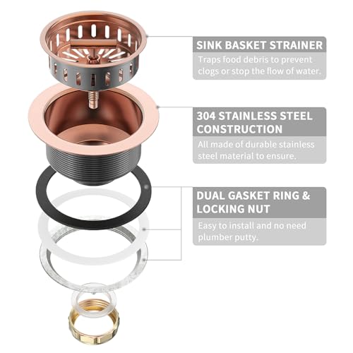 KONE Copper Sink Drain 3.5 Inch Kitchen Sink Drain Assembly Stainless Steel Sink Strainer Sink Stopper Antique Copper Basket Strainer for 3-1/2 Inch Commercial Kitchen Sink - Image 5