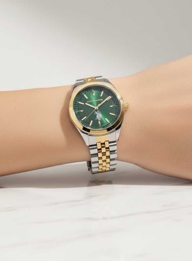 U.S. Polo Assn. Fundamental Green Dial Silver Gold Stainless Steel Bracelet Analog Watch for Women 37mm - Image 4