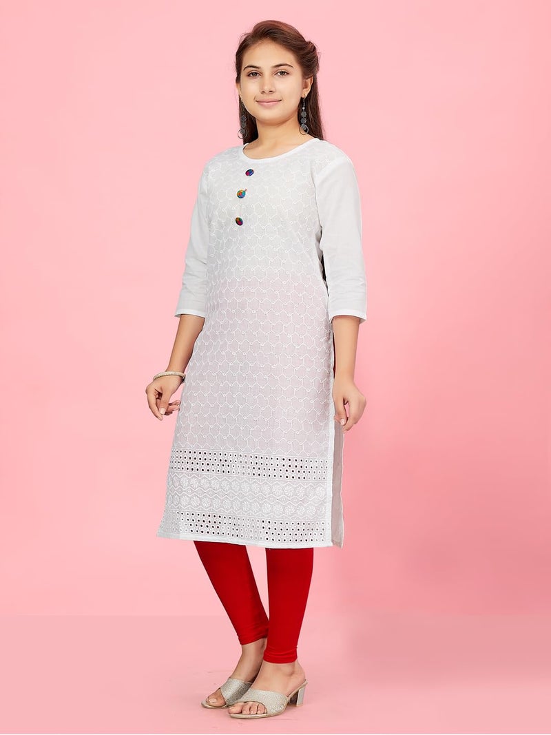 aarikka كورتى بناتى أبيض اللون من القطن مع تطريز (KURTI-K-181-WHITE-38) - Image 3