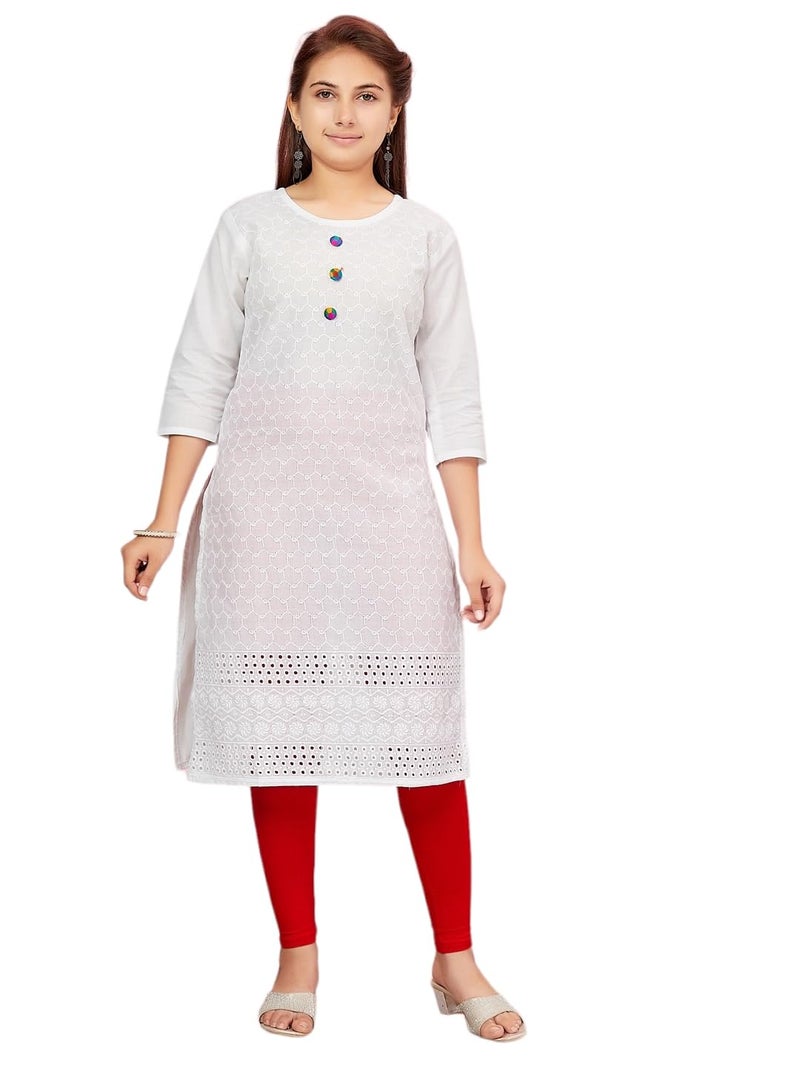 aarikka كورتى بناتى أبيض اللون من القطن مع تطريز (KURTI-K-181-WHITE-38) - Image 1