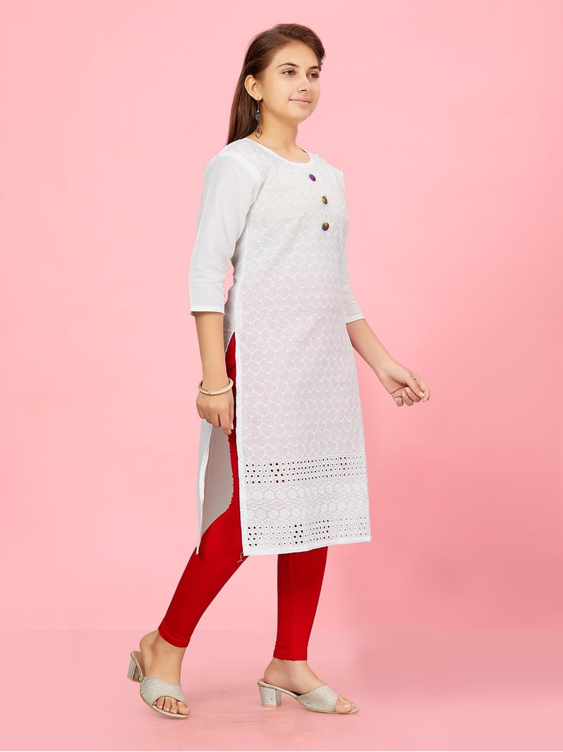 aarikka كورتى بناتى أبيض اللون من القطن مع تطريز (KURTI-K-181-WHITE-38) - Image 2