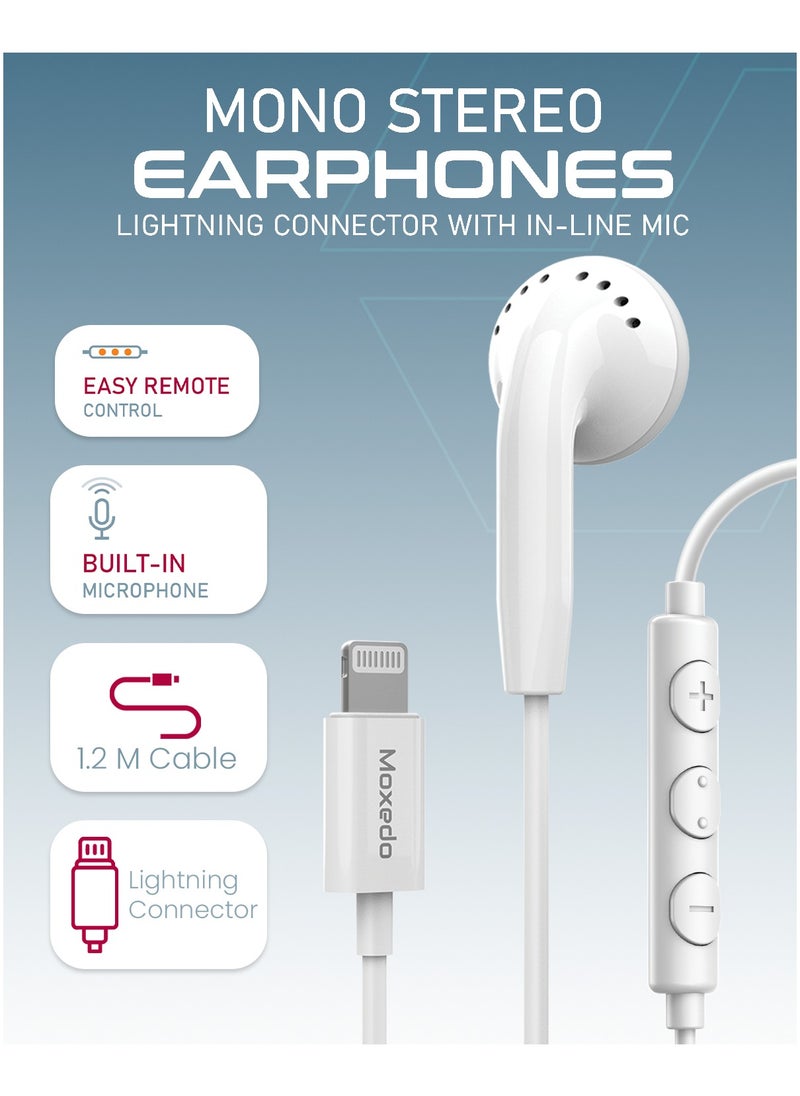 Moxedo - Moxedo Mono Stereo Earphone Lightning Connector Earphone In-Line Remote, Built-in Microphone Compatible for iPhone 14/13/12/11 Pro Max/X/XS Max/XR -White - Image 1