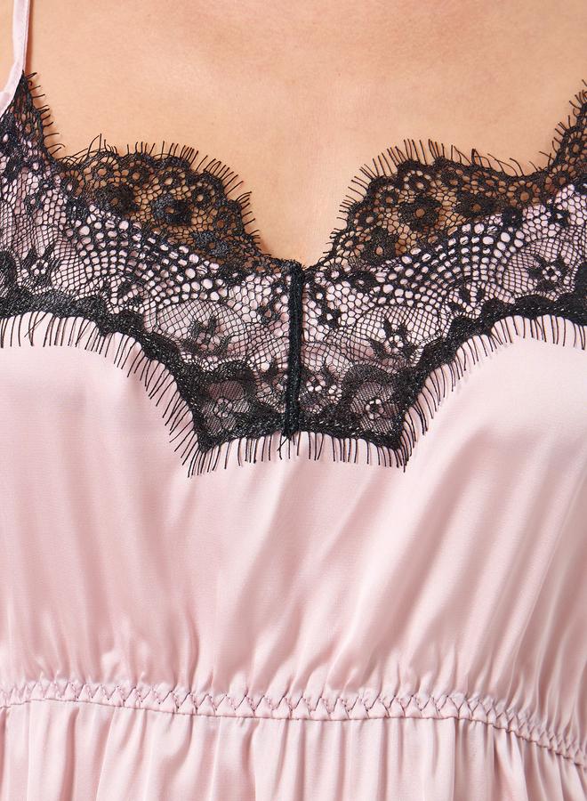 Take Two Color Blocked Fitted Waist Lace Trim Cami Dress - Image 3