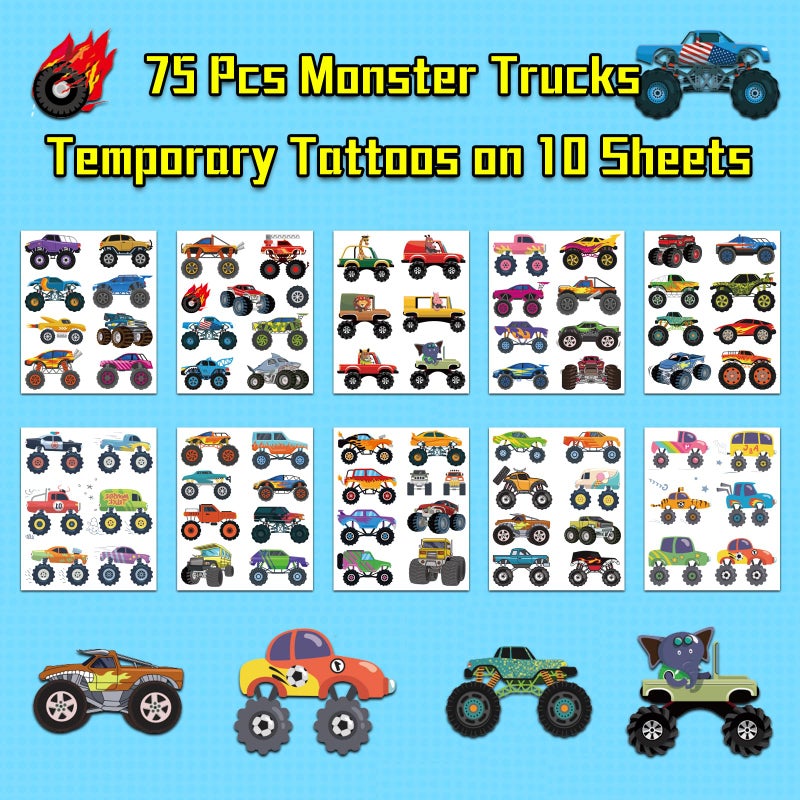 Ozepao Monster Trucks Temporary Tattoo for Kids, 10 Sheets Monster Truck Fake Tattoos for Boys Party Favors, Goodie Bags Stuffers, Brithday Supplies Decorations - Image 2