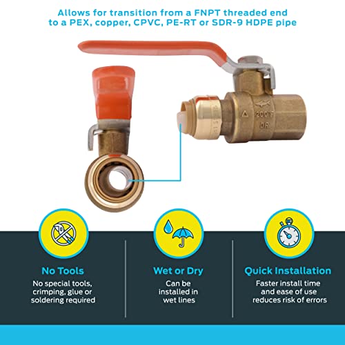 SharkBite 1/2 x 1/2 Inch Ball Valve with FNPT Connector, Push to Connect Brass Plumbing Fitting, PEX Pipe, Copper, CPVC, PE-RT, HDPE, 22182-0000LF - Image 3