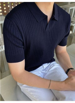 Cool Tarz Cool Style Navy Blue Men's Ribbed Polo Neck Knit T-Shirt  - Image 3
