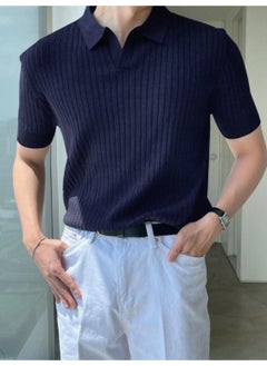 Cool Tarz Cool Style Navy Blue Men's Ribbed Polo Neck Knit T-Shirt  - Image 1