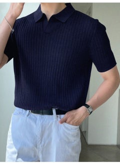 Cool Tarz Cool Style Navy Blue Men's Ribbed Polo Neck Knit T-Shirt  - Image 2