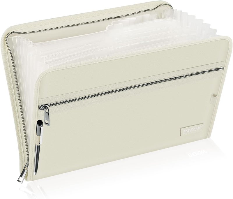 ENGPOW Accordion File Organizer,Fireproof 13 Pockets Expanding File Folder,Document Organizer Folder with Zipper＆Labels,Portable Home Travel Safe Storage for Letter A4 Files and More,Beige - Image 1