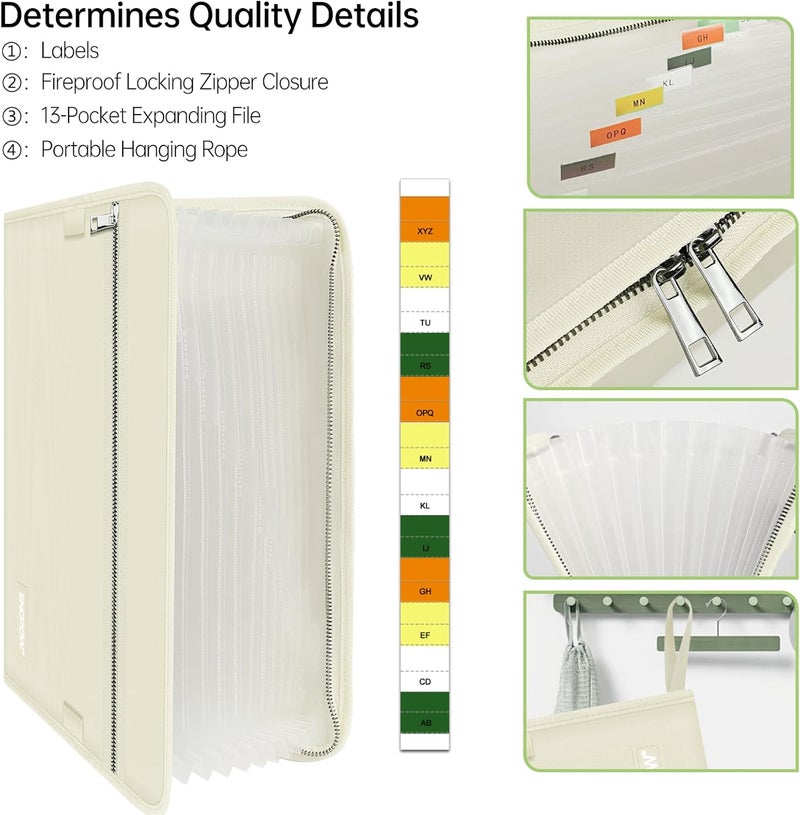 ENGPOW Accordion File Organizer,Fireproof 13 Pockets Expanding File Folder,Document Organizer Folder with Zipper＆Labels,Portable Home Travel Safe Storage for Letter A4 Files and More,Beige - Image 5