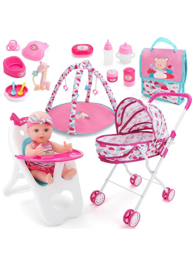 دياو مجموعة عربة أطفال دياو مع ملحقات الحضانة - كرسي مرتفع، سجادة لعب، حقيبة سفر وألعاب تغذية للعب الأدوار، هدية للبنات - Image 1