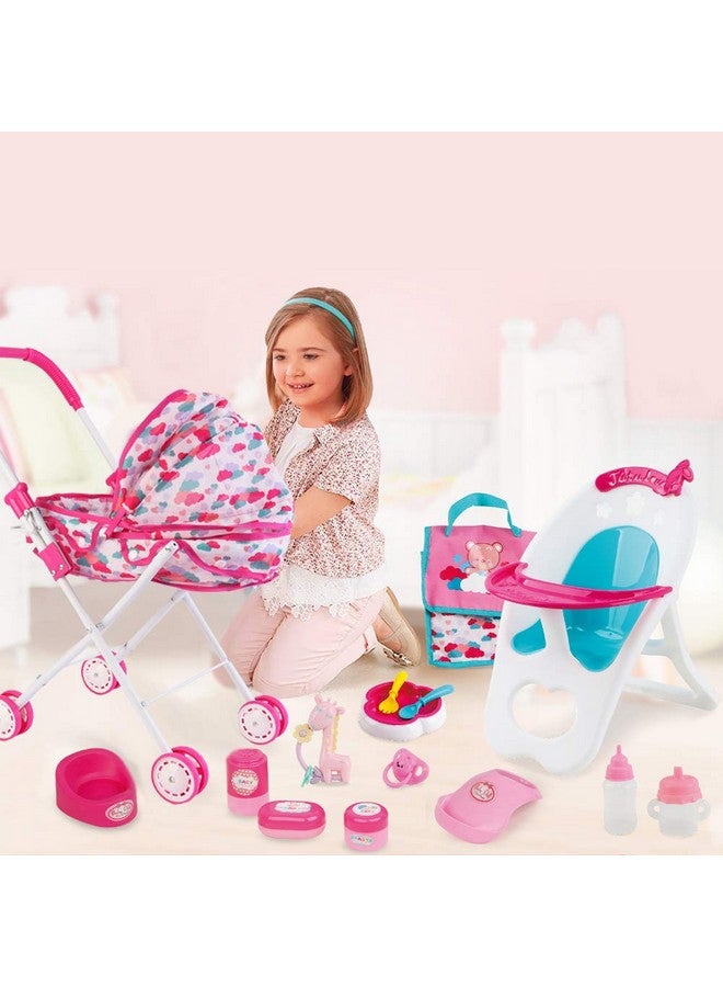دياو مجموعة عربة أطفال دياو مع ملحقات الحضانة - كرسي مرتفع، سجادة لعب، حقيبة سفر وألعاب تغذية للعب الأدوار، هدية للبنات - Image 4