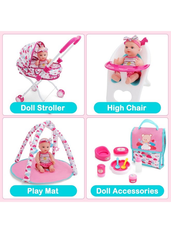 دياو مجموعة عربة أطفال دياو مع ملحقات الحضانة - كرسي مرتفع، سجادة لعب، حقيبة سفر وألعاب تغذية للعب الأدوار، هدية للبنات - Image 5