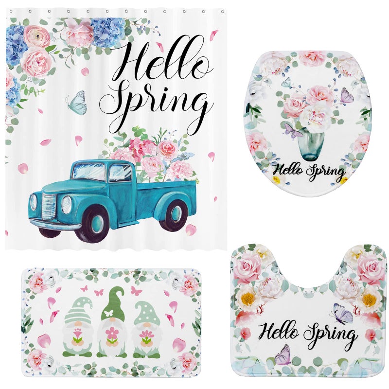 Rtteri 4 Pcs Hello Spring Truck Floral Shower Curtain Sets with Non Slip Rug Butterfly Bathroom Shower Curtain Gnome Bath U Shaped Mat Toilet Lid Cover Waterproof Spring Bathroom Set with Hooks