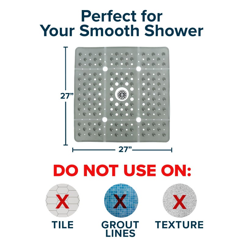 SlipX Solutions 27" Oversize Square Shower Mat, Non-Slip Mat for Elderly & Kids, 100+ Power Grip Suction Cups for Smooth Surfaces, Machine Washable, Translucent Gray - Image 3