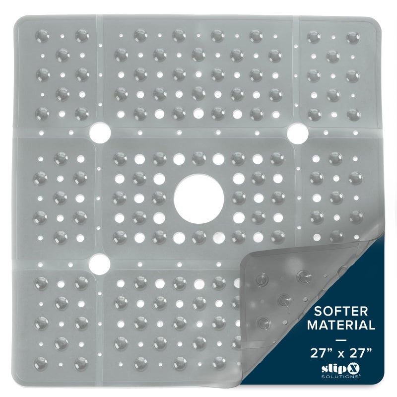 SlipX Solutions 27" Oversize Square Shower Mat, Non-Slip Mat for Elderly & Kids, 100+ Power Grip Suction Cups for Smooth Surfaces, Machine Washable, Translucent Gray - Image 1