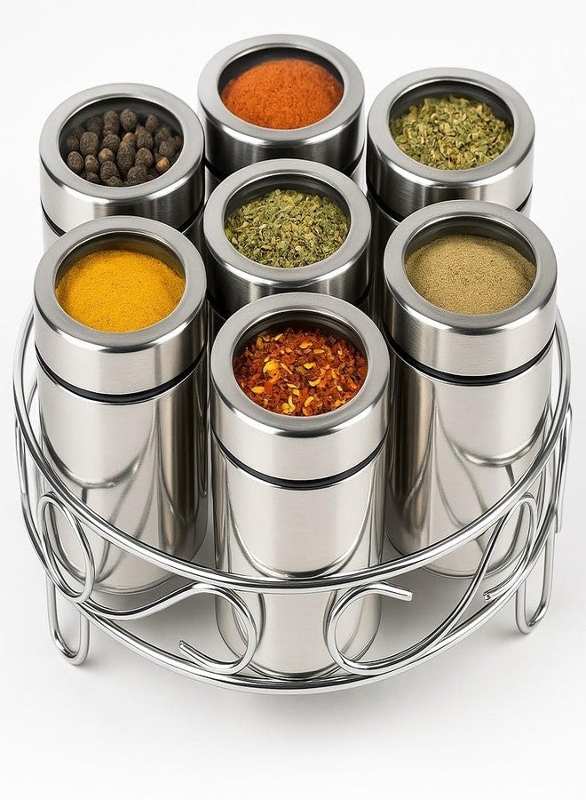SmartMaison Masala Box For Kitchen | Steel Containers | Spice Storage Kitchen Containers| Masala Dabba Steel | 7 Containers, 7 Small Spoon & 1 Wire Stand | 190Ml Each Container, Stainless Steel - Image 1