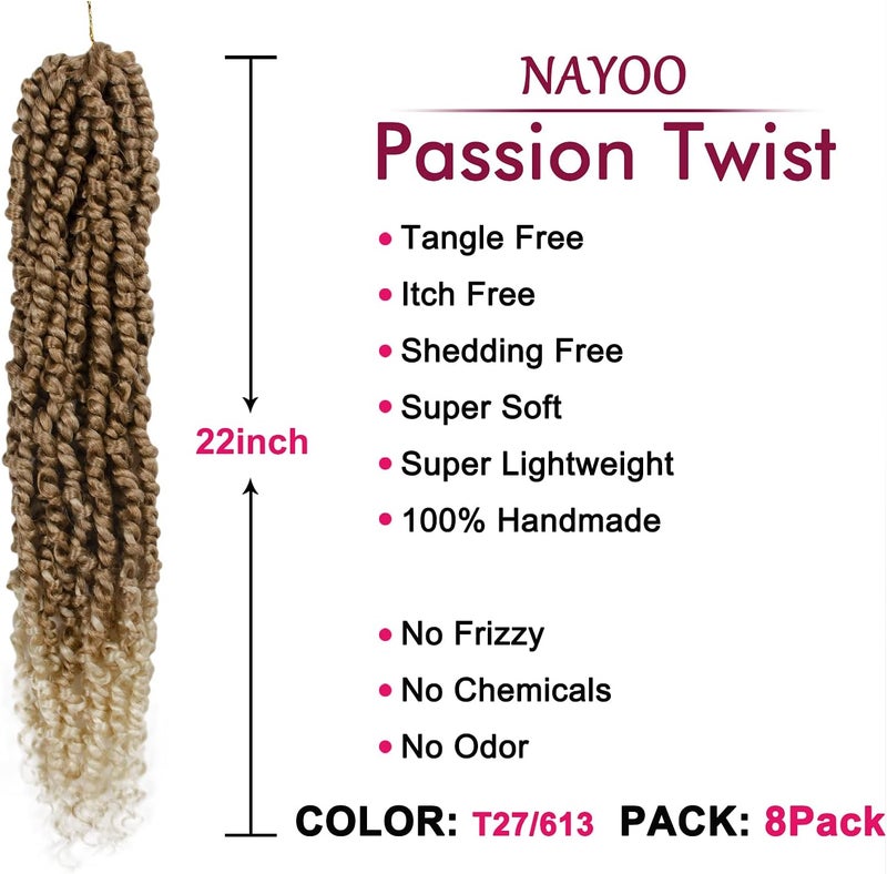 NAYOO Passion Twist Hair - 8 Packs 22 Inch Passion Twist Crochet Hair For Women, Crochet Pretwisted Curly Hair Passion Twists Synthetic Braiding Hair Extensions (22 Inch 8 Packs, T27/613) - Image 2