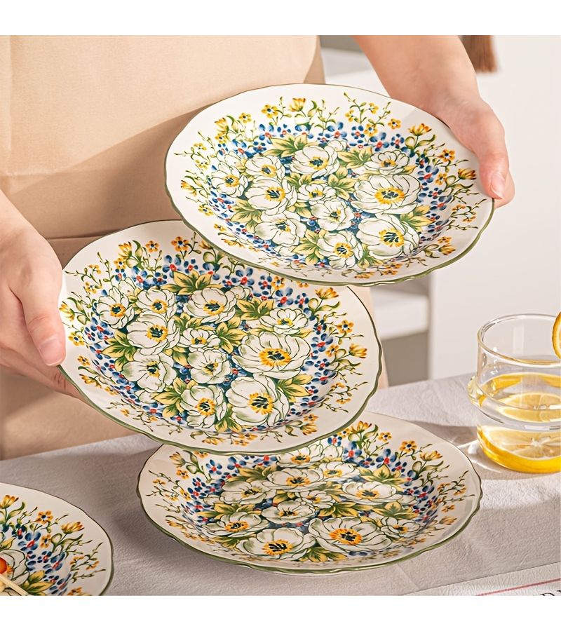 4pcs French Ceramic Dinner Plates With Jasmine Patterns for Fruit Salad Pasta - Image 2