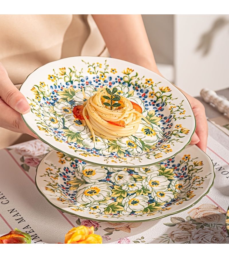 4pcs French Ceramic Dinner Plates With Jasmine Patterns for Fruit Salad Pasta - Image 1