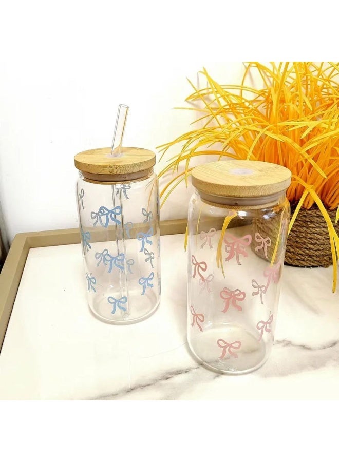Elevate your drinks with the trendy SHEIN Bow Can-Shaped Glass Mug! This imported 550ml thermal Pyrex glass features an adorable bow design and a reusable straw, making it perfect for your aesthetic iced coffees and smoothies - Image 3