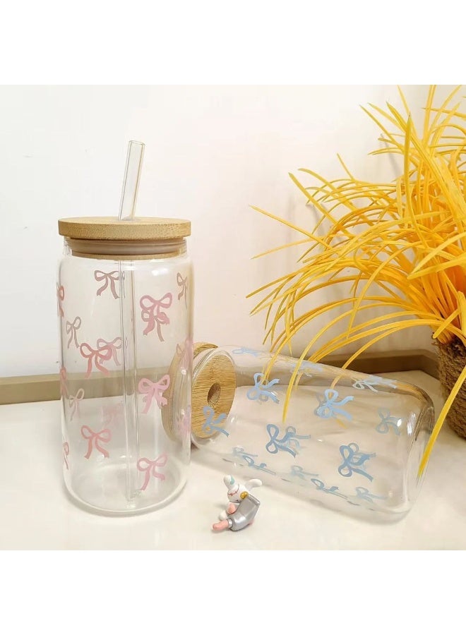 Elevate your drinks with the trendy SHEIN Bow Can-Shaped Glass Mug! This imported 550ml thermal Pyrex glass features an adorable bow design and a reusable straw, making it perfect for your aesthetic iced coffees and smoothies - Image 2