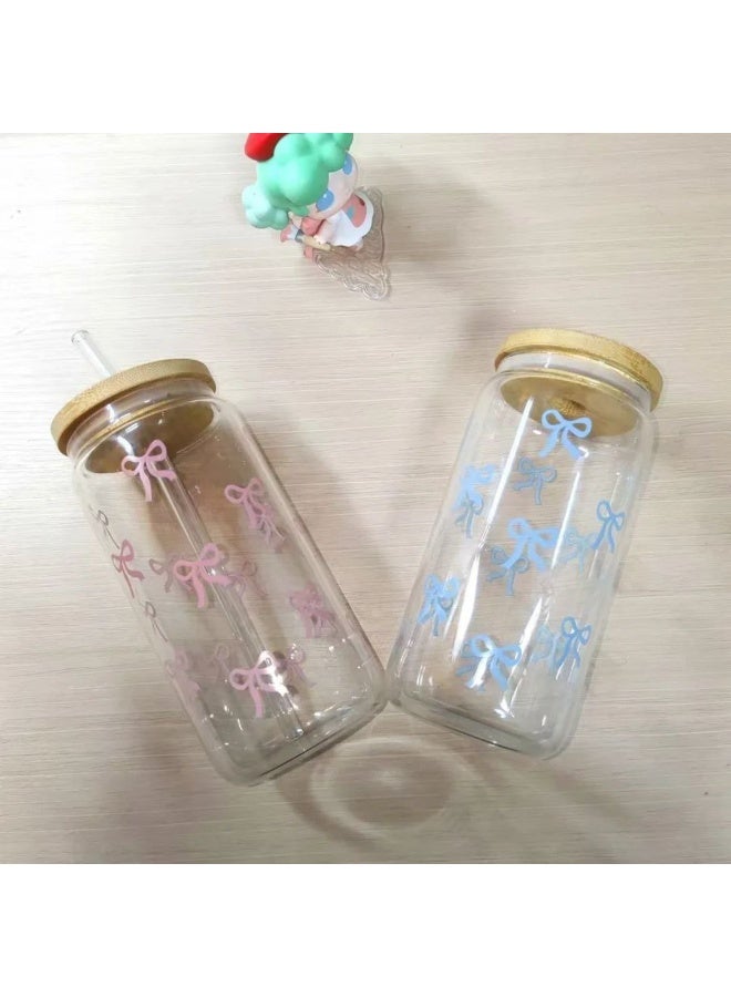 Elevate your drinks with the trendy SHEIN Bow Can-Shaped Glass Mug! This imported 550ml thermal Pyrex glass features an adorable bow design and a reusable straw, making it perfect for your aesthetic iced coffees and smoothies - Image 1