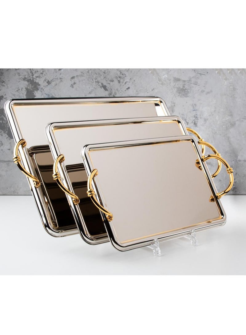 3-piece stainless steel serving tray set with gold stripes  - Image 1