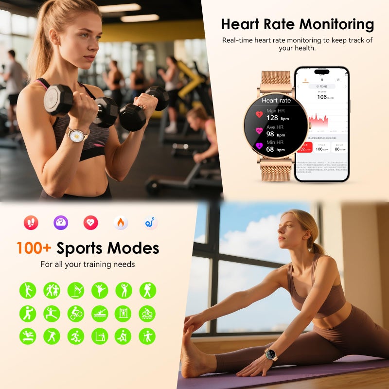 AURAFIT Smart Watch for Women 1.32" Fitness Tracker Watch 7.7mm Ultra Thin Design Answer/Make Call with 120+ Sport Modes Heart Rate/Sleep/Spo2 Monitor Smartwatch IP67 Waterproof for Android iOS - Image 3