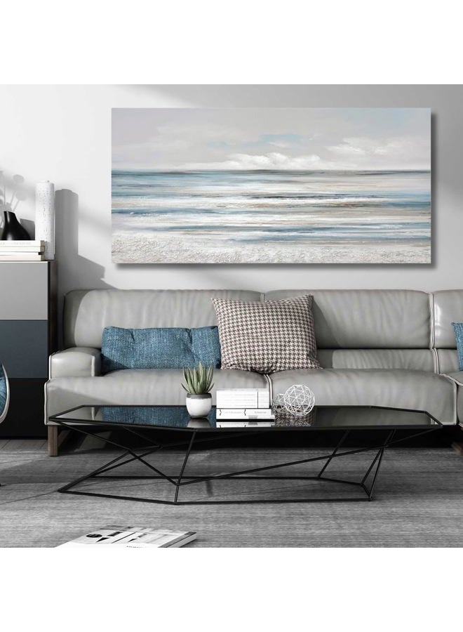 TRAIN2 ART Abstract Wall Art Modern Coastal Wall Decor Textured Blue and White Sea Background Canvas Wall Art for Living Room Bedroom Kitchen Office 20"x40" - Image 3