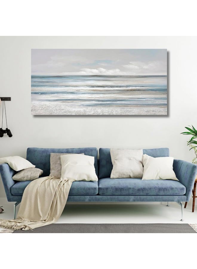 TRAIN2 ART Abstract Wall Art Modern Coastal Wall Decor Textured Blue and White Sea Background Canvas Wall Art for Living Room Bedroom Kitchen Office 20"x40" - Image 2