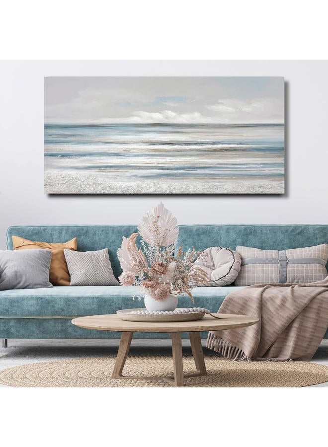 TRAIN2 ART Abstract Wall Art Modern Coastal Wall Decor Textured Blue and White Sea Background Canvas Wall Art for Living Room Bedroom Kitchen Office 20"x40" - Image 1