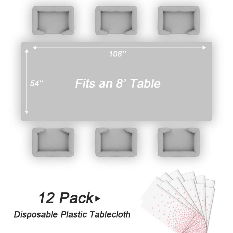 QIKSION 12 Pack White and Pink Dot Tableloth plasticloth مقاومة للماء يمكن التخلص منها على طاولة الحفلات لالتقاط عيد ميلاد حفل زفاف الطفل (54؟ 108 بوصة) - Image 2