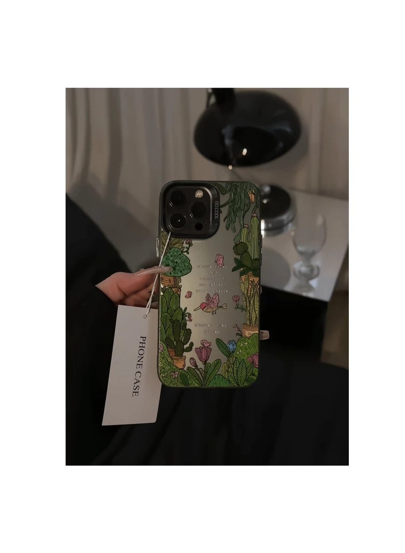 NIBEMINENT Green Plant Potted Flowers Protective TPU Case Cover For iPhone 15 Pro, Black