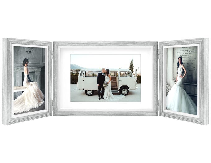 THREE PICTURE FRAME 4X6 AND 5X7 WOODEN HINGED FOLDING PHOTO FRAME DEFINITION GLASS STAND VERTICALLY ON DESKTOP OR TABLETOPGREY