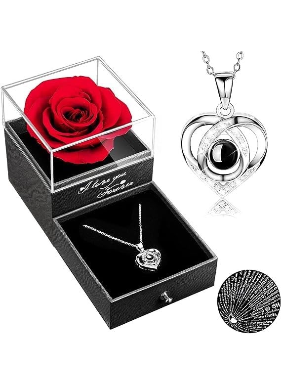 Bitrexup Bitrexup Preserved Rose Flower Gifts for Women Real Rose Flower with Heart Necklace Eternal Flowers Rose Gifts Infinity Fresh Flower with Jewelry Gift for Birthday Gift Women 