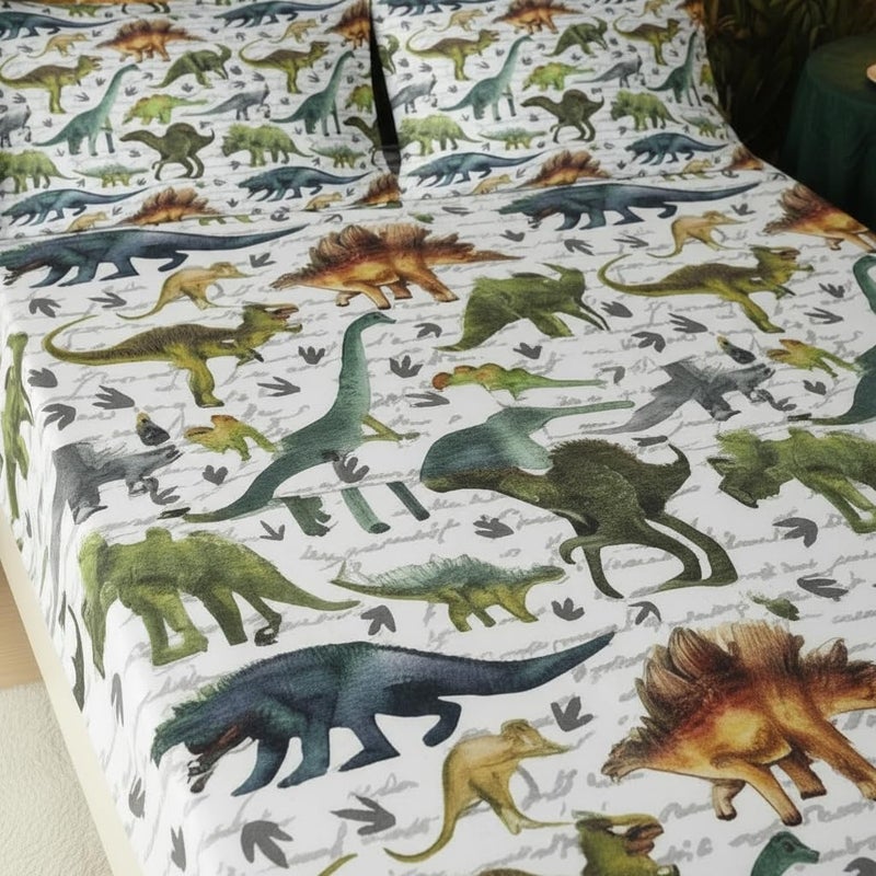 QOOMO Dinosaur 4 Piece Kids Sheet Full Size,Jurassic Dinosaur Bedding Sheet Set,Boys Printed Flat Sheet Fitted Sheet with 16" Deep Pocket,100% Microfiber Ultra Soft and Skin Friendly - Image 5