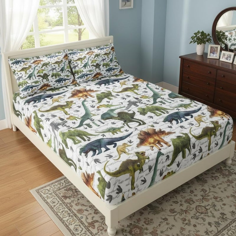 QOOMO Dinosaur 4 Piece Kids Sheet Full Size,Jurassic Dinosaur Bedding Sheet Set,Boys Printed Flat Sheet Fitted Sheet with 16" Deep Pocket,100% Microfiber Ultra Soft and Skin Friendly - Image 2