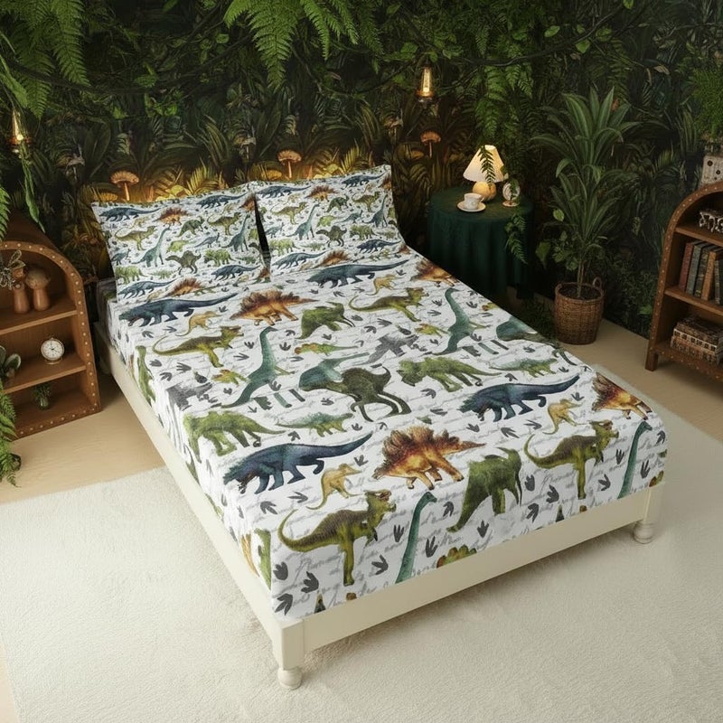 QOOMO Dinosaur 4 Piece Kids Sheet Full Size,Jurassic Dinosaur Bedding Sheet Set,Boys Printed Flat Sheet Fitted Sheet with 16" Deep Pocket,100% Microfiber Ultra Soft and Skin Friendly - Image 3