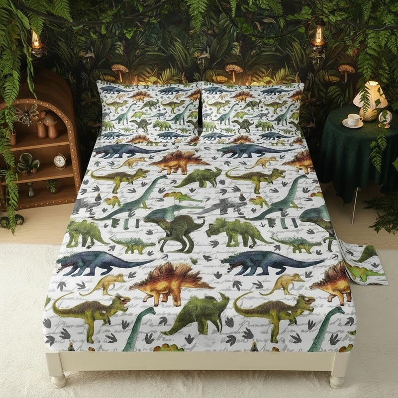 QOOMO Dinosaur 4 Piece Kids Sheet Full Size,Jurassic Dinosaur Bedding Sheet Set,Boys Printed Flat Sheet Fitted Sheet with 16" Deep Pocket,100% Microfiber Ultra Soft and Skin Friendly - Image 1