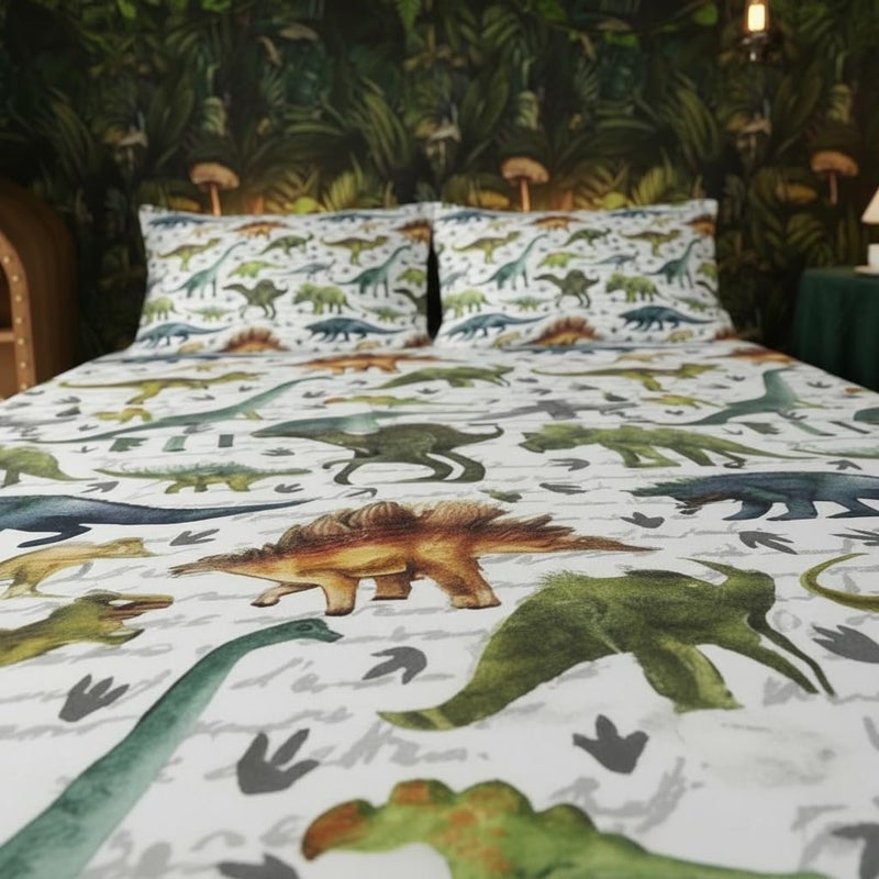QOOMO Dinosaur 4 Piece Kids Sheet Full Size,Jurassic Dinosaur Bedding Sheet Set,Boys Printed Flat Sheet Fitted Sheet with 16" Deep Pocket,100% Microfiber Ultra Soft and Skin Friendly - Image 4