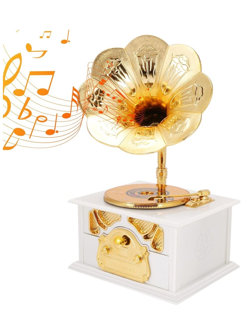 General - Vintage Gramophone Music Box Musical Box Mechanical Music Box for Girls Women Girlfriend Daughter Retro Table Cafe Home Decor Birthday Valentines Gift (White) - Image 1