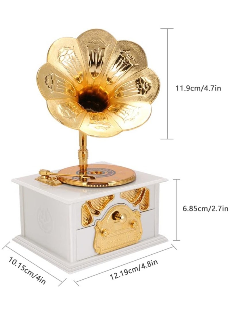 General - Vintage Gramophone Music Box Musical Box Mechanical Music Box for Girls Women Girlfriend Daughter Retro Table Cafe Home Decor Birthday Valentines Gift (White) - Image 1