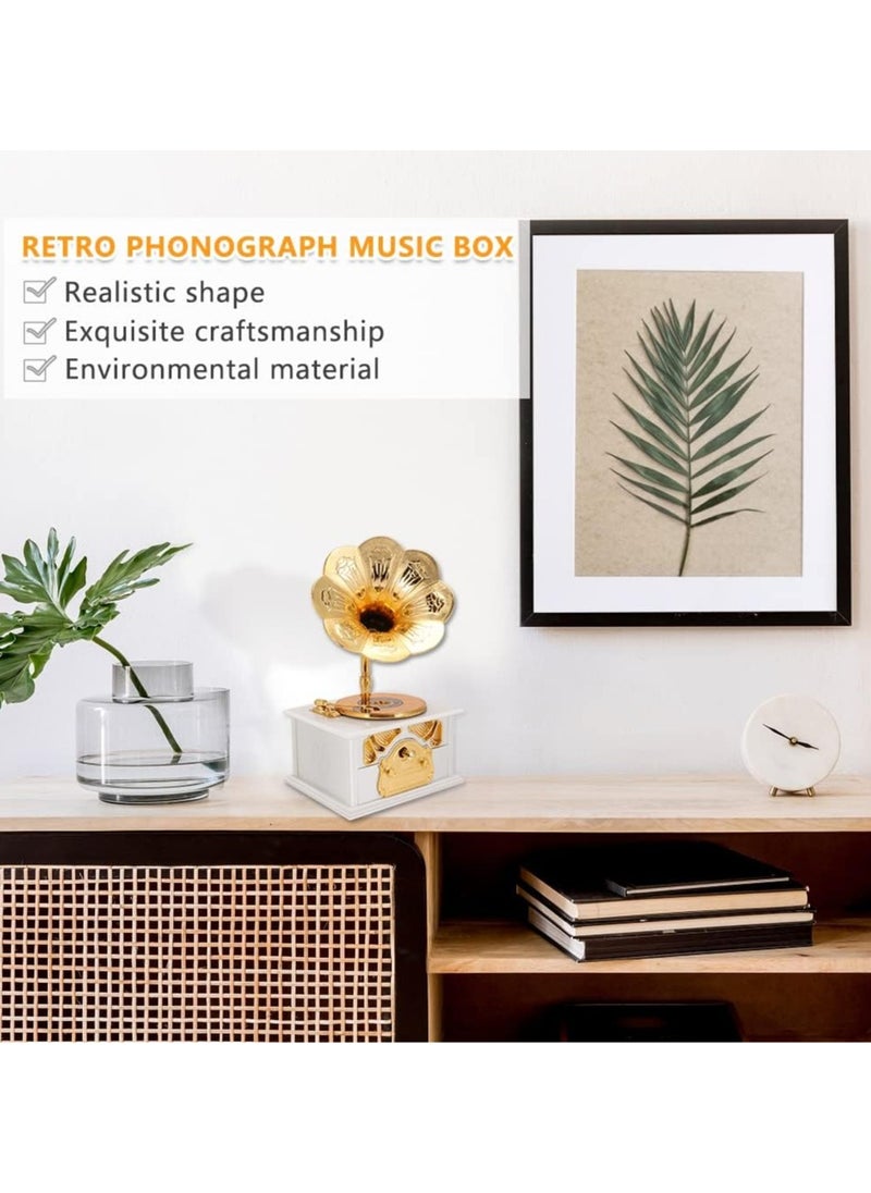 General - Vintage Gramophone Music Box Musical Box Mechanical Music Box for Girls Women Girlfriend Daughter Retro Table Cafe Home Decor Birthday Valentines Gift (White) - Image 1